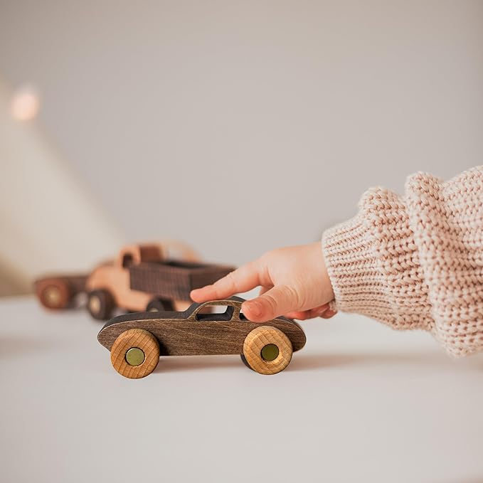 BUSY PUZZLE Wooden Toy Car and Truck Set Montessori Toys for Toddlers Handmade from Natural Wood Gift for Boys and Girls