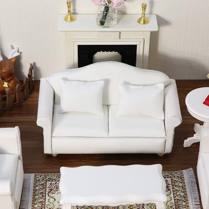 Dollhouse Couch Miniature Furniture Sofa with Pillows for Living Room Desktop Decoration Fabric Sofa Mini Home Scene Accessories Ornament (Sofa Set, White)