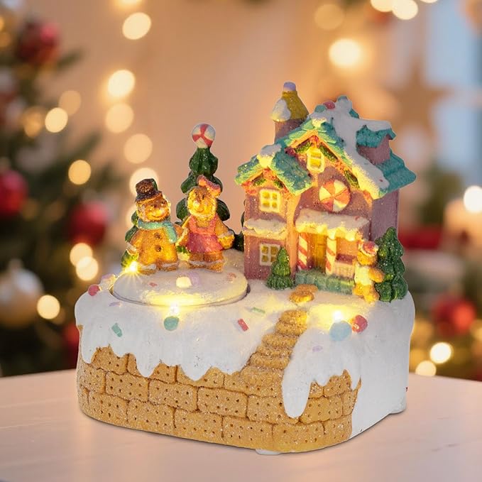 innodept12 Animated Gingerbread House Christmas Decoration – Pre-Lit Musical Resin Village Figurine with Rotating Gingerbread Characters and LED Lights for Indoor Holiday Tabletop Display