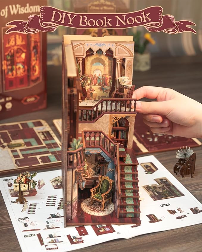 Cutefun Book Nook Kit - DIY Miniature Dollhouse Kit 3D Wooden Puzzle for Adults, Teens, Crafts Gifts for Bookshelf Decor (Library of Wisdom)