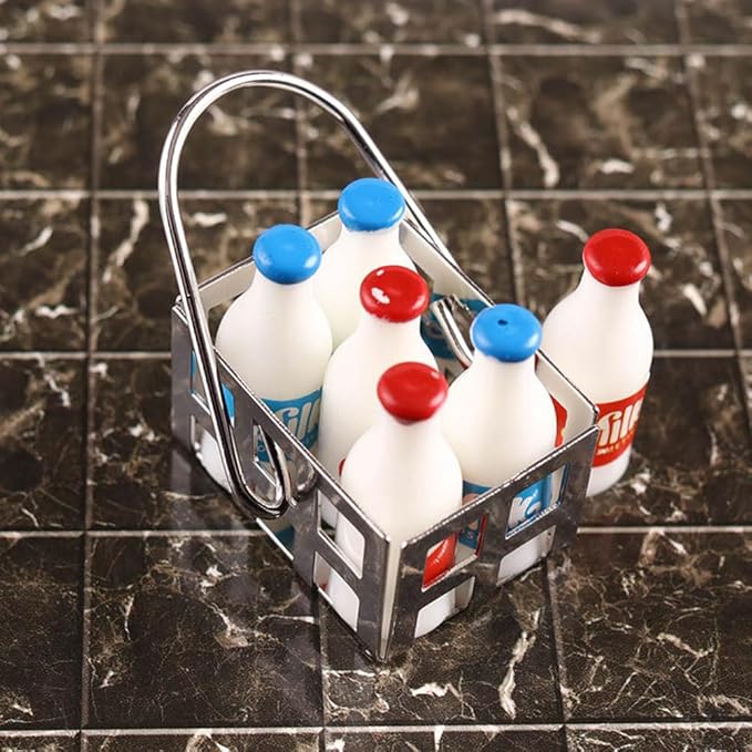 Amosfun Mini Milk Bottles Dollhouse Decoration Set 1:12 Scale Miniature Food Play Scene Layout Decoration - 5pcs Bottles and 1pcs Basket