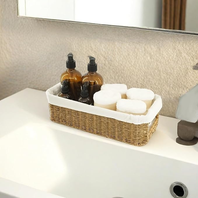 YRMT Rattan Toilet Tank Basket Toilet Paper Storage Baskets for Bathroom Handwoven Toiletry Countertop Organizer Water-Resistant Home Decor 14" x 6" x 4" (Rattan)