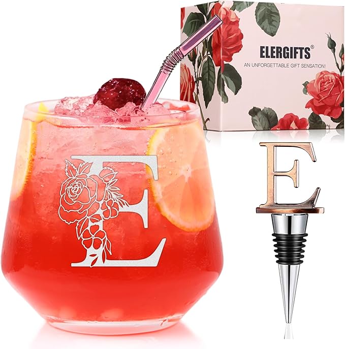 Personalized Gifts for Women, Monogrammed A-Z Wine Glass Customized Gift, Unique Wedding Birthday Gifts for Women Her Mom Friend Sister Wife Daughter Nurse - Dishwasher Safe (E)
