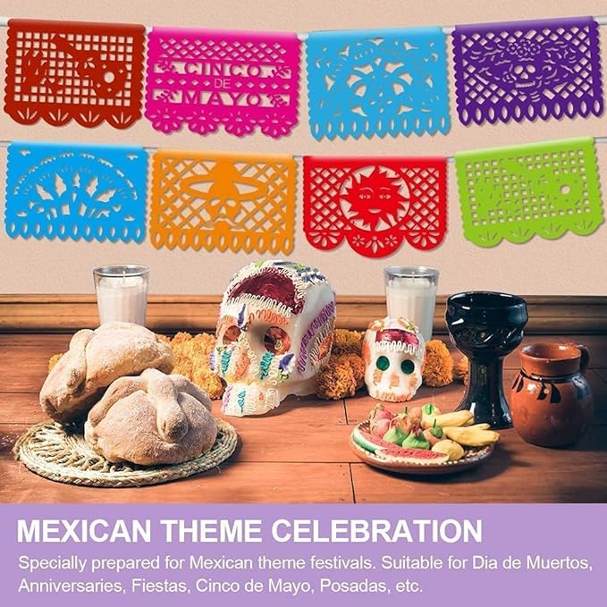 5PCS Mexican Party Decorations, 90FT Plastic Papel Picado Banner, Fiesta Party Decoration, Dia De Los Muertos, Day of The Dead Decorations, Cinco De Mayo Decor, Mexico Birthday Party Supplies