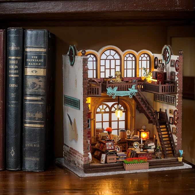 3D Wooden Magic Library Decorative Bookends - DIY Miniature House Tiny House 3D Wooden Puzzle Dollhouse Kit for Adults and Teens, Bookshelf Insert Decor, Model Build, Craft Gift for Family Friends
