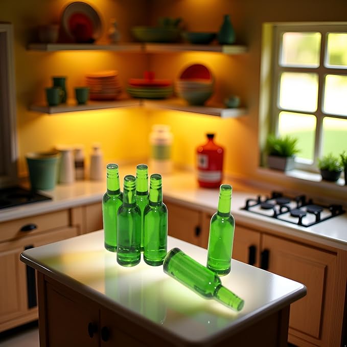 6Pcs Mini Beer Drinks Miniature Dollhouse Beer Glass Model Doll Drinks Kitchen Wine Bottles Toy Accessories,Dollhouse Miniature Beer Bottle Dining Drinks Doll House Decorations, Green