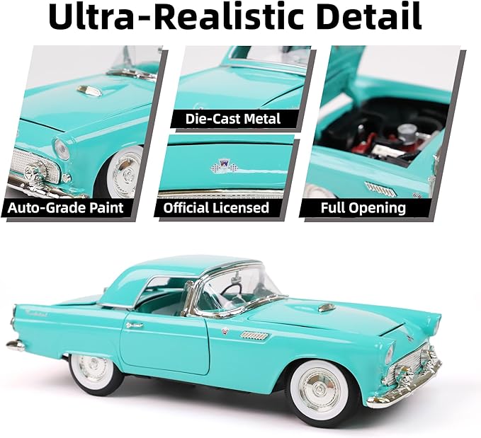 1955 Ford Thunderbird 1/18 Scale Die-Cast Metal Model Premium Classic Vintage Alloy Collection Cars with Display Case, for Kids Men and Teens Dad 14+ Year