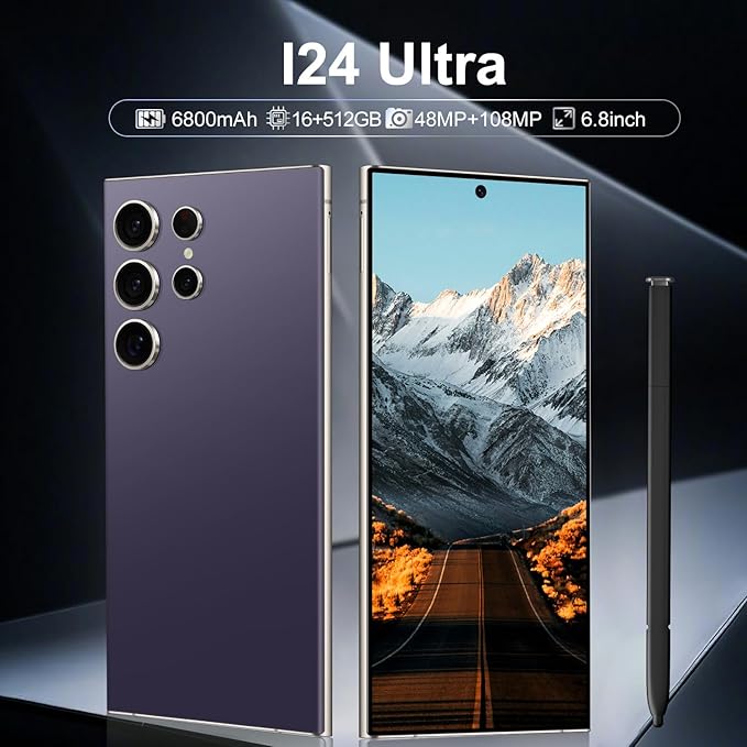 BAOWU I24 Ultra 5G Unlocked Phones, Built in Pen, Smartphone Battery 6800mAh 6.8" HD Screen Unlocked Cell Phone, 16+512GB Android14 with 128G Memory Card, Face ID/Fingerprint Lock/GPS (Dark Purple)