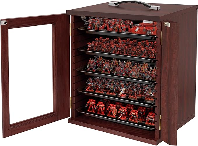 Miniature Storage Case for Collectibles, Miniature Display Cases with Magnetic Door and 6 Trays, Clear View Miniatures Transport Case (Mahogany)