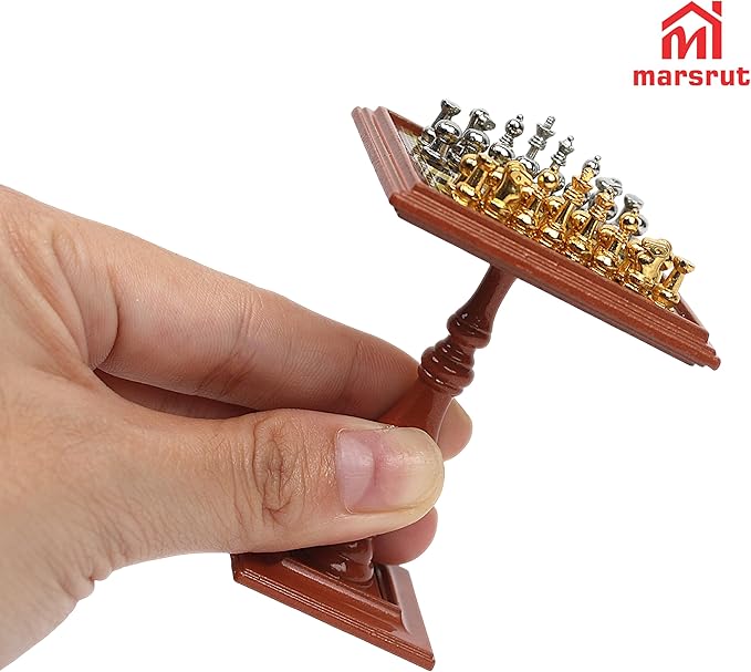 Miniature Chess Set Dollhouse Furniture 1/12 Magnetic Mini Board Games Doll House Accessories Ornament Decor for 1:12 Study Room, Living Room, Library, Table with Gold & Silver Chess Pieces Model