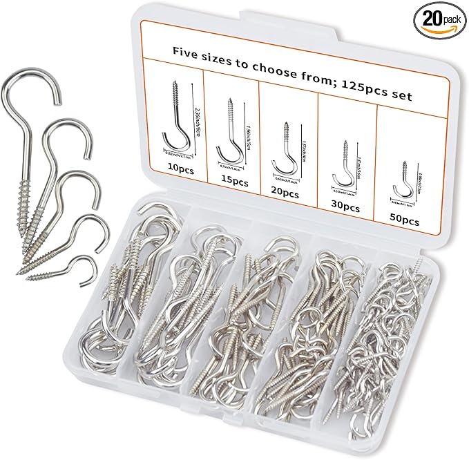 BJUTYEU 125 Pieces of Screw Cup Hook Set 5 Sizes Ceiling Small Hooks Wardrobe Decoration Hanging Accessories for Hanging Outdoor or Indoor use (0.98" 1.41" 1.57" 1.96" 2.36") (Silver)