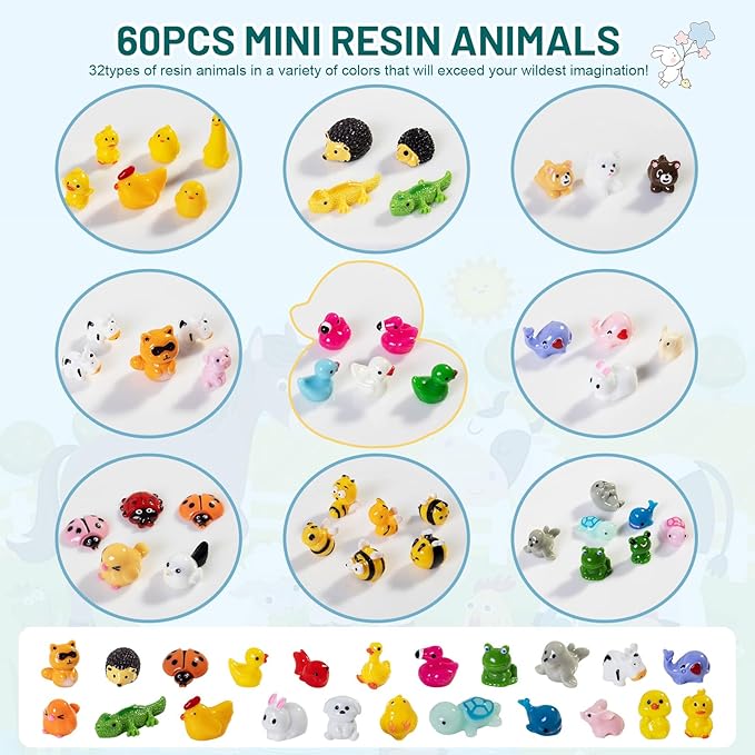 60pcs Mini Resin Animal Figurines: 60 Styles Tiny Animal Figures for Micro Fairy Garden, Landscape Accessories, Dollhouse, Hide Crafts, Decor, Aquarium