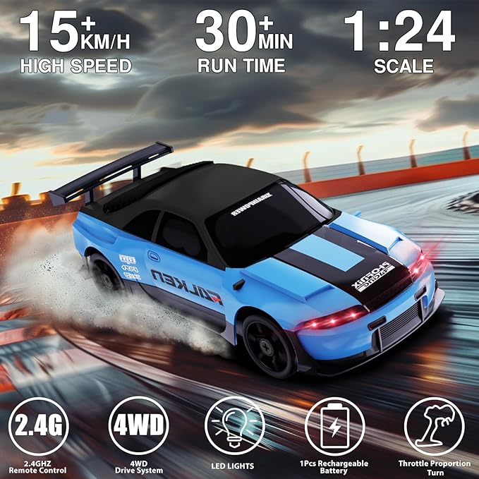 RC Drift Car 1:24 Remote Control Car 4WD 15KM/H High Speed Racing Sport Car with LED Lights RC Cars Toy for Kids Boys Girls Adults Gifts Birthday Christmas Rechargeable Batteries