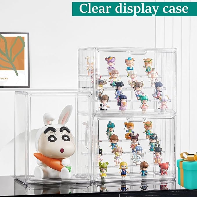 Attelite Acrylic Display Case Compatible with POP MART Labubu Display Case, 4 Tier Figure Clear Cases for Collectibles with 3 Adjustable Divider, 3 Pack Large Storage Box with Magnetic Door