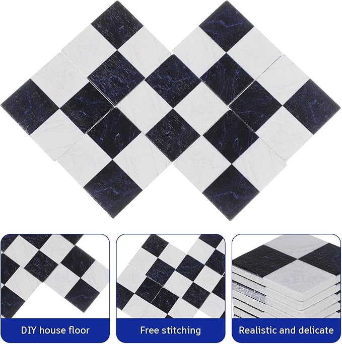 NUOBESTY 27Pcs Dollhouse Flooring, Black and White Checkered Miniature Doll House Floor Tiles Wood Flooring Squares 1:12 Scale Tiny Floor Sheets for Dollhouse Bathroom Kitchen, DIY Crafts, Photo Prop