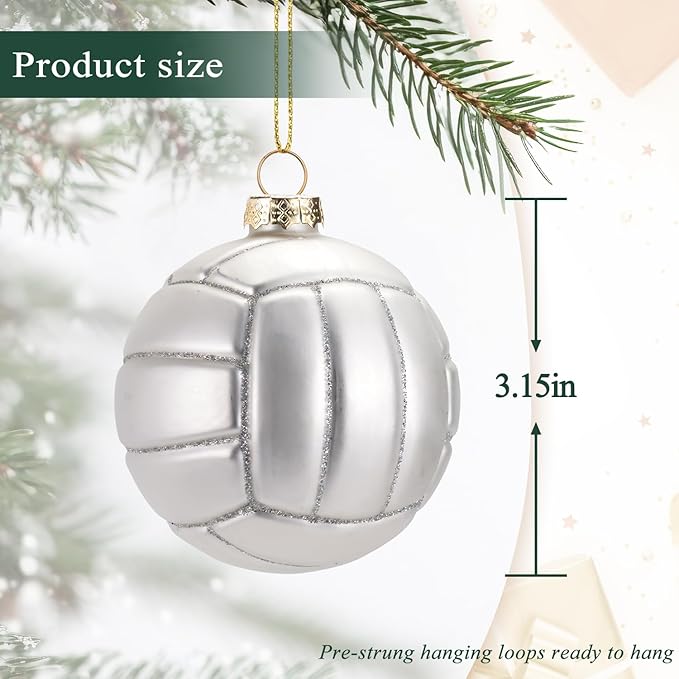 3.15” Christmas Volleyball Glass Blown Ornament, 2025 Hand-Painted Small Mini Sports Ball Decoration for Boys and Girls, Xmas Tree Holiday Decor Kids Themed Party Gifts