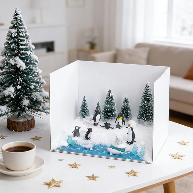codree 30 Pcs Arctic Animals Habitat Diorama Project Set, Arctic Diorama Box Kit Figurine Toys Model, Polar Bear Penguin Animals Figurines Diorama Supplies for DIY Crafts Gifts School Project
