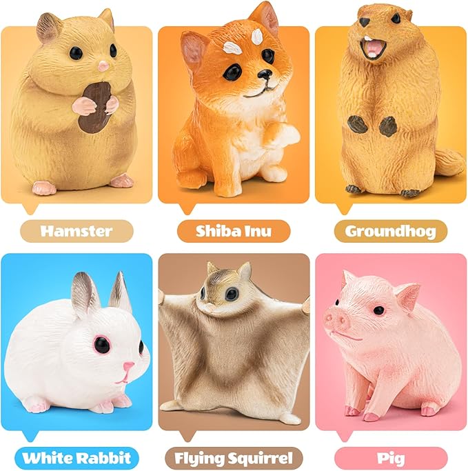 6PCS Animal Toys for Toddlers, Sensory Toys Cute Farm Animal Figures Pocket Pets Toys for Kids Includes Dog, Rabbit, Hamster, Pig Figurines Cake Toppers Birthday Gifts for Preschool Kids