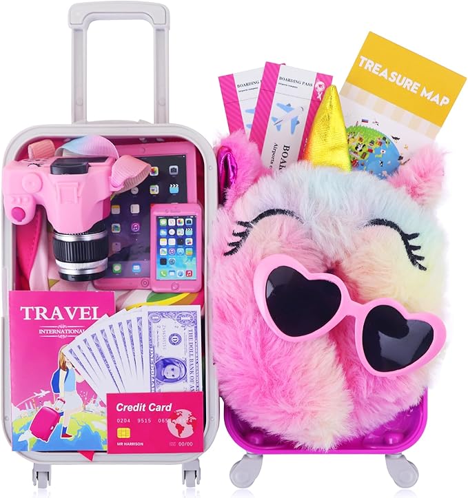 ZITA ELEMENT 24 Pcs 18 Inch Girl Doll Accessories Suitcase Luggage Travel Set Including 18 Inch Doll Clothes Luggage Pillow Blindfold Sunglasses Camera Computer Cell Phone Ipad and Other Stuff