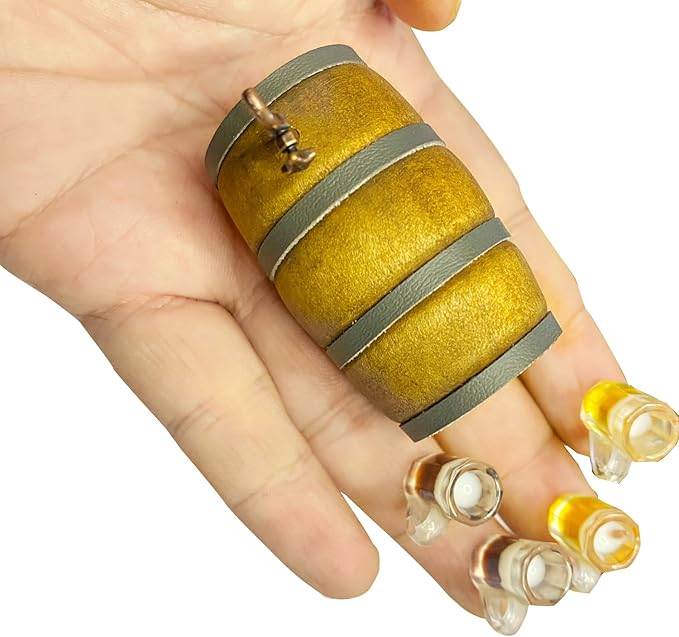 9Pcs Mini Beer Barrel Decor Miniature Wooden Figurine Wine Barrel Model with Faucet and Wine Glass Suitable for Fairy Garden Bar Doll House Decoration