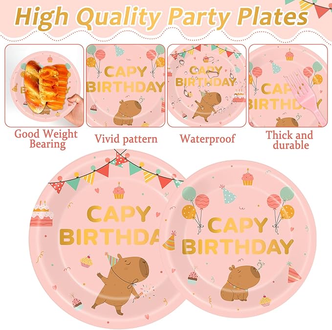 96 Pcs Pink Capy Birthday Party Decorations Cute Cartoon Capy Paper Tableware Set Pink Animals Theme Disposable Plates Napkins Forks for Kids Birthday Baby Shower Animal Party Supplies Serve 24 Guests