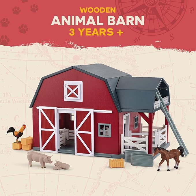Terra by Battat - Wooden Animal Barn Toy Set with 20 Pieces - Farm Animals Toys for Kids 3-5 Years - Foldable Roof, Hay Bales, Pulley & Fences - Screen-Free Toddler Toys for Pretend Play