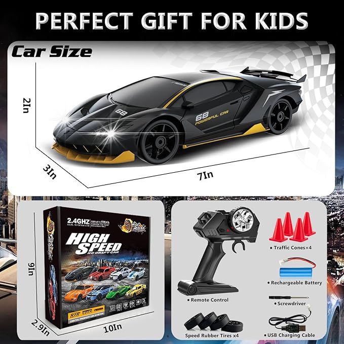 RC Drift Car 1:24 Remote Control Car 4WD 15KM/H High Speed Racing Sport Car with LED Lights RC Cars Toy for Kids Boys Girls Adults Gifts Birthday Christmas Rechargeable Batteries (Black-1)