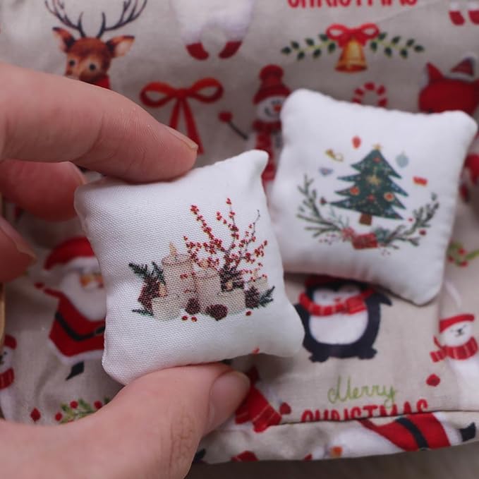 4PCS Miniature Dollhouse Christmas Pillow with Christmas Tree Snowman Cookies Candles Pattern 1/12 Miniature Sofa Throw Pillow for Dollhouse Sofa Bed Decorations