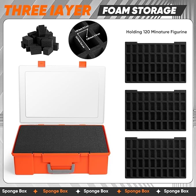 Miniature Storage Carrying Figure Case - 120 Slot Figurine Minature Carrying Case with 3 Foam Layer for Miniatures Compatible with 40k, DND & More (Orange)