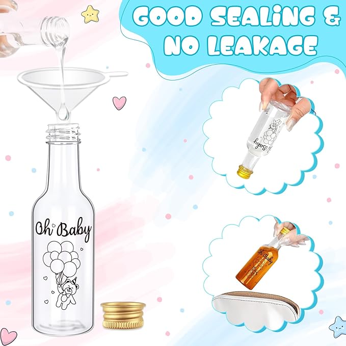 OurWarm 50 Pack Baby Shower Mini Liquor Bottles, 1.7oz/50ml Empty Plastic Shot Bottles with Gold Screw Caps Funnels Tags & Twines for Juice Wine Alcohol Juicing Ginger Shots Gender Reveal Party Favors