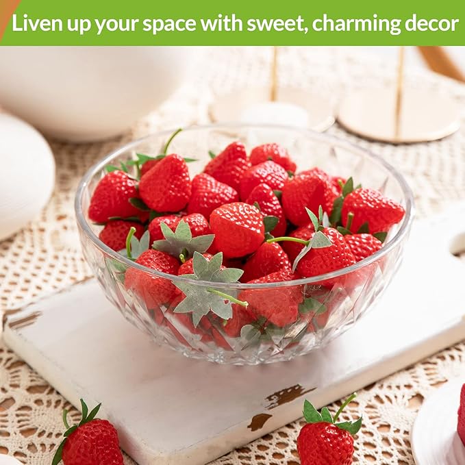 60 Pieces Fake Strawberries Décor, Fake Fruit Artificial Strawberry Kitchen Décor, Plastic Strawberry Party Decorations, Realistic Fake Food Lifelike for Display Photography Props