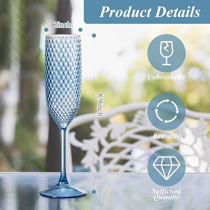 12 Pack Plastic Champagne Flutes Vintage Light Blue Goblet Champagne Glasses Unbreakable Wedding Toasting Glasses Diamond Wine Glasses Crystal Wine Cups Clear Drinking Glasses 5.5 OZ for Bridal Shower