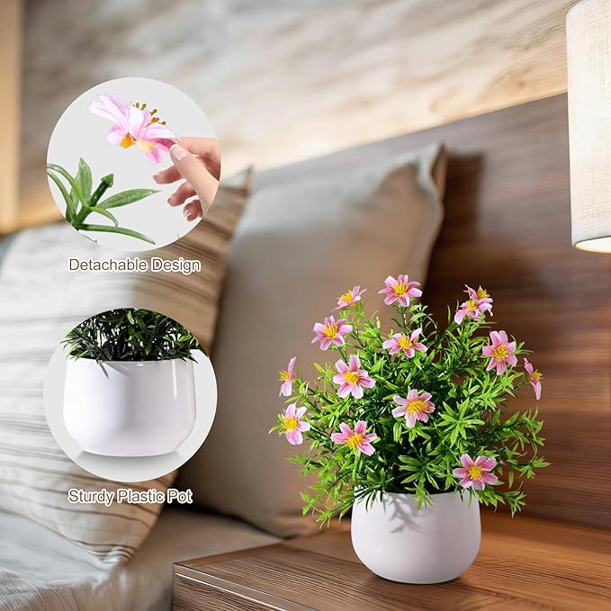Yarmare 3 Pack Small Fake Plants Artificial Potted Flowers for Indoor Mini Faux Plants with Flowers Greenery for Home Decor Living Room Bathroom Bedroom Office Table Shelf (Pink+Yellow+Purple)