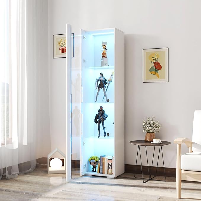 Pvillez 67" LED Display Cabinet with 4 Glass Shelves & 1 Door, Modern Curio Cabinet Collection Display Case Storage Cabinet, High Gloss Floor Standing Bookshelf for Living Room Bedroom Office (White)