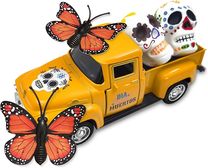 Day of The Dead Decorations for Altar Sugar Skulls Halloween Decor Metal Truck with Couple Sugar Skull Figurines Monarch Butterfly Mexican Dia De Los Muertos Decor Mini Ofrenda Altar Decorations