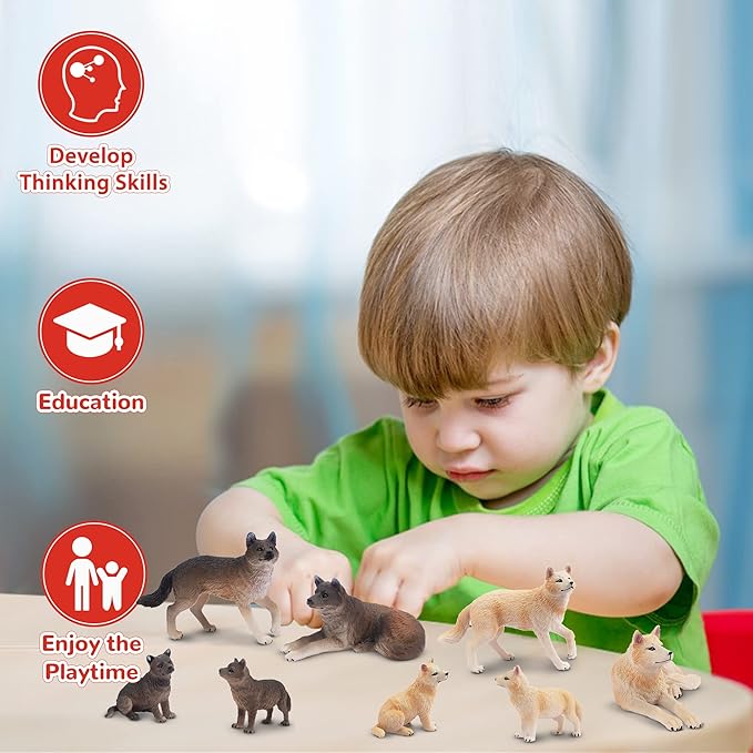 Toymany 8PCS Wolf Figures Forest Animals Toy Figurines - Realistic Jungle Zoo Animal Figurines，Educational Toy Cake Toppers Christmas Birthday Gift for Kids Boys Girls