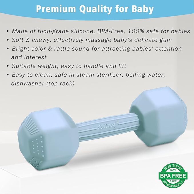 Baby Dumbbell Teether - Silicone Infant Teething Rattle Toddler Sensory Workout Toy - Durable, Safe Exercises Weight - Great Gift for Baby Boys & Girls (1pcs - Cadet Blue)