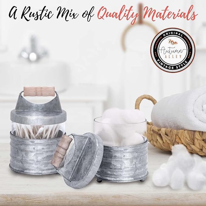 Autumn Alley Rustic Bathroom Accessories Set 4 - Galvanized Soap Dispenser, Rustic Toothbrush Holder, 2 Apothecary Jars Qtip Holder - Western Bathroom Decor – Farmhouse Bathroom Decor Accessories