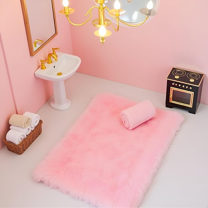 Pink Dollhouse Carpet, Dollhouse Miniature Carpet, Fluffy Mini Dollhouse Rug, Doll House Rug, Lightweight Dollhouse Decor for 1/12, 1/8, 1/6 (Square S)
