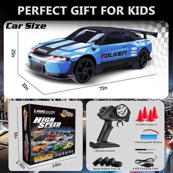 RC Drift Car 1:24 Remote Control Car 4WD 15KM/H High Speed Racing Sport Car with LED Lights RC Cars Toy for Kids Boys Girls Adults Gifts Birthday Christmas Rechargeable Batteries