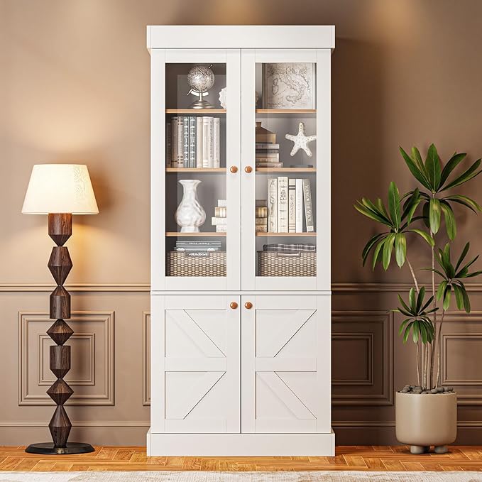 71" Tall Farmhouse Kitchen Pantry, Large Storage Cabinet with Glass Doors, Adjustable Shelves, 3 Drawer, Wood Versatile Hutch Cabinet for Dining Room, Living Room, White 4 Pcs