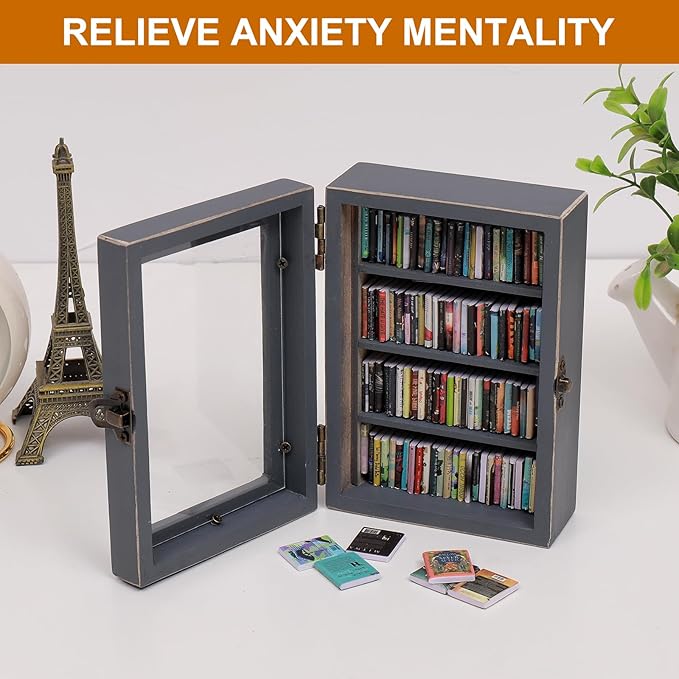 Anxiety Mini Bookshelf Ornament | Shake Away Your Anxiety Rustic Book Library With 100pcs Miniature Books | Wood Pocket Bookcase for Book Lovers Gift (Gray)