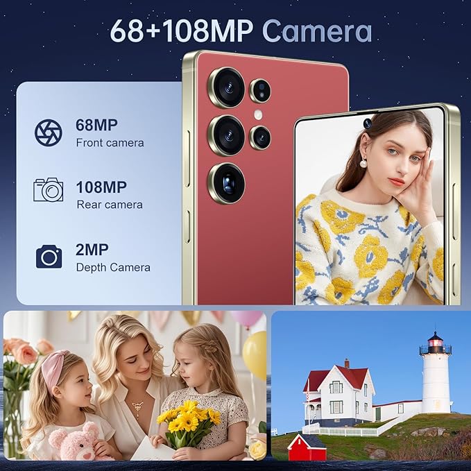 BDWJW I25 Ultra Smartphone 16GB+512GB Android 14 Smartphone, 6.99" FHD+ Display, 7000mAh Battery, 108MP+68MP Dual Camera, Built-in Pen Stylus, Fast Performance Large Memory (Wine Red)