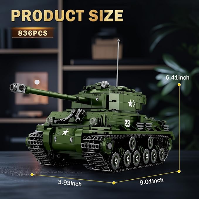 Reobrix M4A3E8 Sherman Tank Building Set,WW2 Military American Armed Tanks Building Block Set for Military Fans,World of Tanks Authorized Products 77030,Ideal Gift for Adults Boys Age 14+,836 PCS