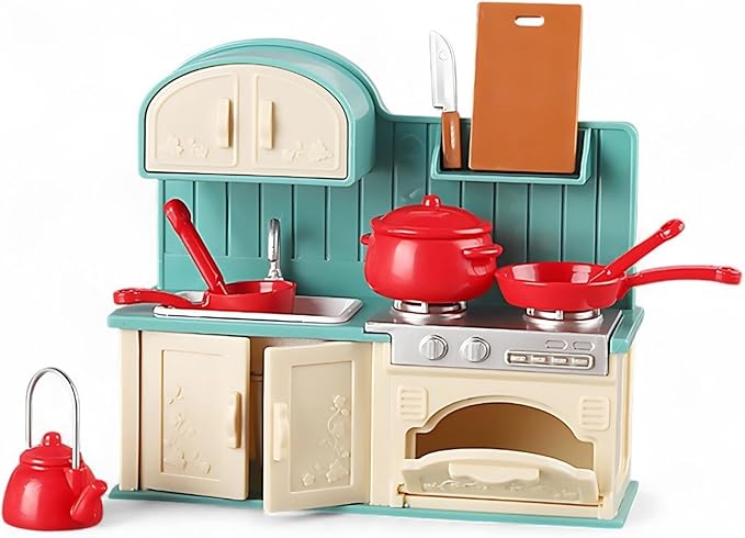 Family Dollhouse Kitchen Set — Miniature Stove, Sink & Oven with Frying Pan, Saucepan, Kettle, Utensils & Cutting Board — Dollhouse Furniture & Accessories for Ages 3+