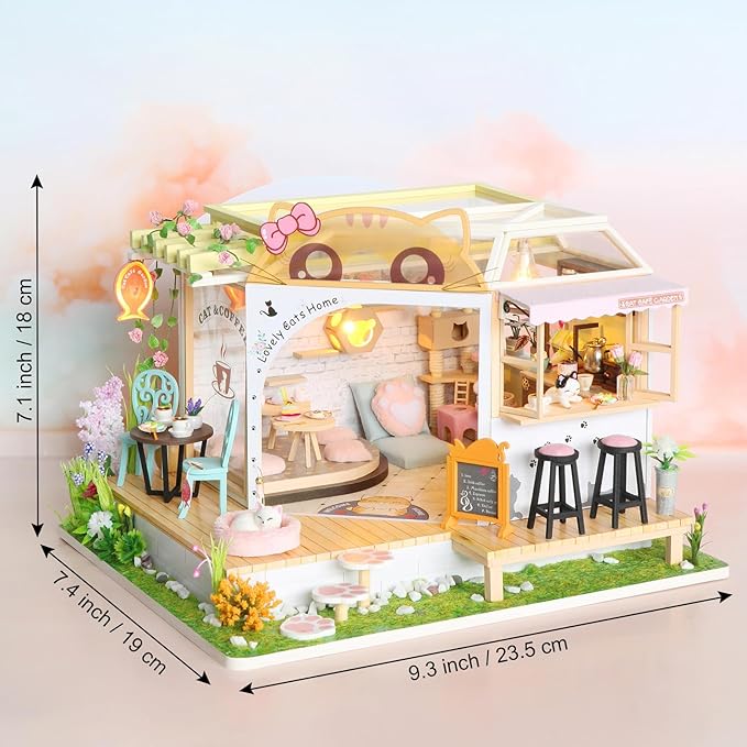 GuDoQi DIY Miniature Dollhouse Kit, Tiny House kit with Music, Miniature House Kit 1:24 Scale, Great Handmade Crafts Gift for Christmas Day Birthday Christmas Day,Lovely Cats' Coffee Shop