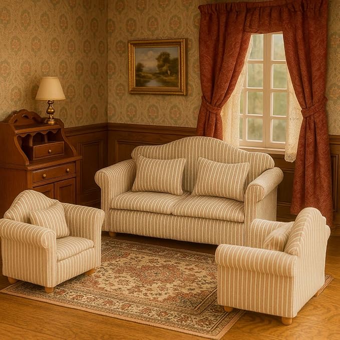 3PCS Dollhouse Couch – 1/12 Scale Miniature Double & Single Sofa with Pillow Upholstered Armchair Set, Doll House Living Room Mini Furniture Accessories Timeless Classic for Bedroom Sectional Décor