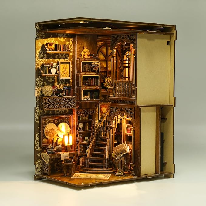 Book Nook Kit for Adult Miniature Model Build Dollhouse Kit 3D Wooden Puzzle with Sensor Led Light for Bookshelf Bookend Decor Adults Teen Craft(Classical Book Collection Room), 1Pack