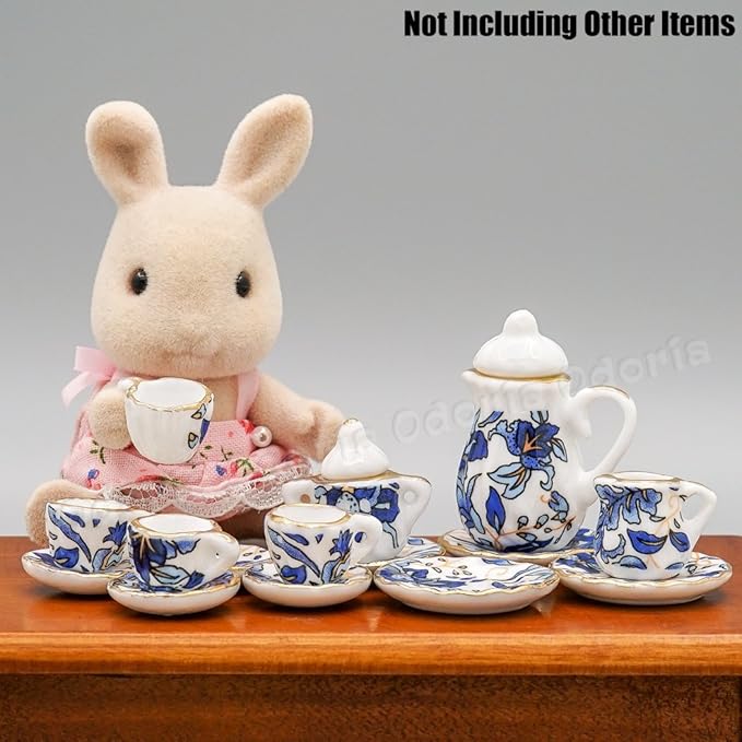 Odoria 1:12 Miniature 15Pcs Blue Porcelain Chintz Tea Cup Set (Blue)
