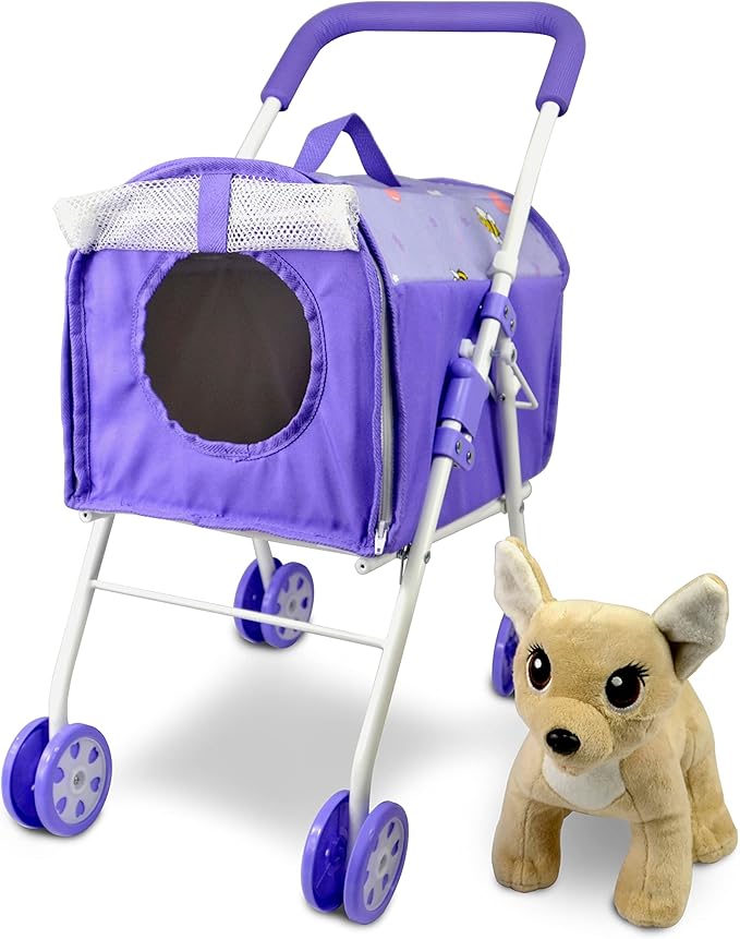 ANIVIA Pet Stroller and Accessories for Kids Ages 3 to 7 Year Olds, Dog Toy for Toddlers, 2 Pieces Play Dog Set, Puppy Party Playset with 1 Pet Puppy Included Purple